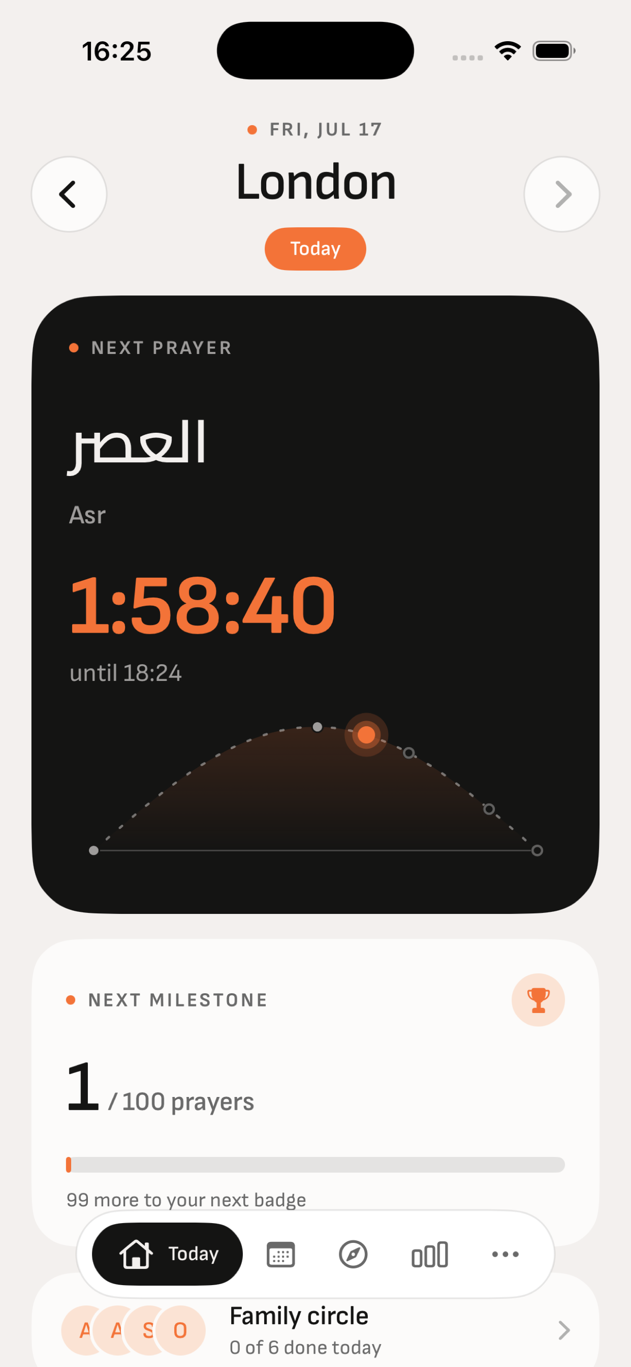 Athan prayer times with the next prayer countdown and sun position.
