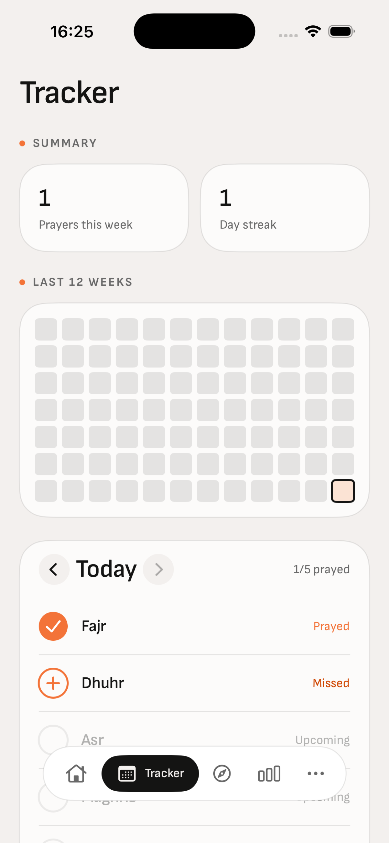 Athan prayer tracker with daily prayer checkmarks and history.